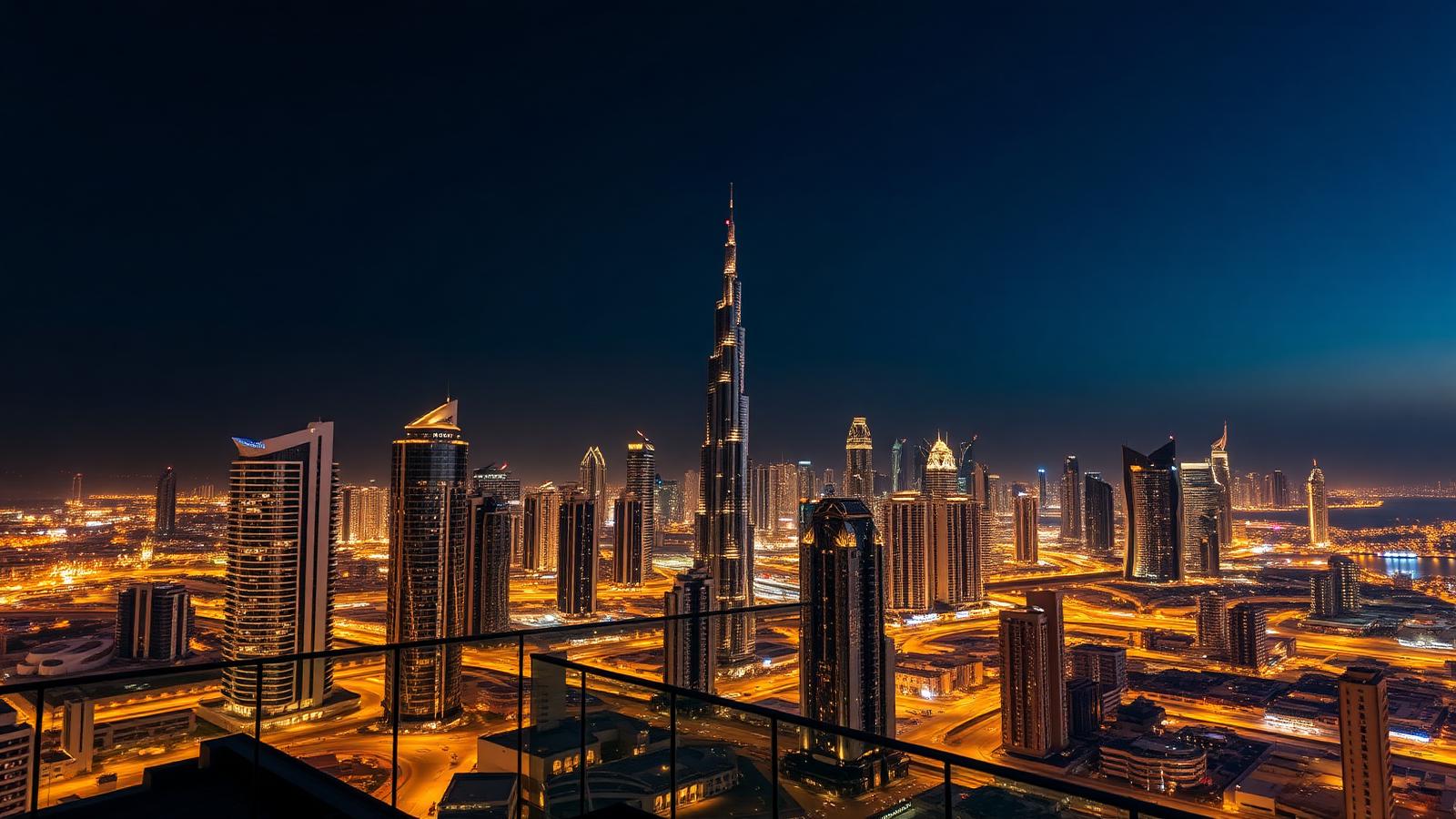 Dubai skyline at night seen from a high terrace